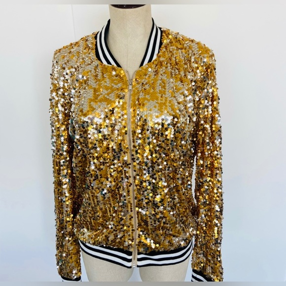 GOLD SEQUENCE DAZZLING BOMBER JACKEY by Anna Kaci. Front Zipper Closure. - Picture 5 of 14